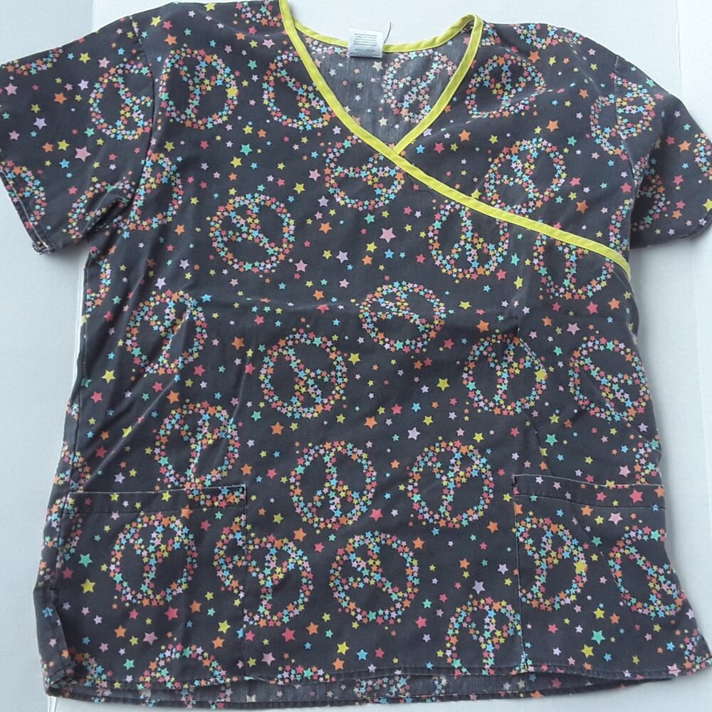 Just Love black scrubs top with peace sign and stars print size XL